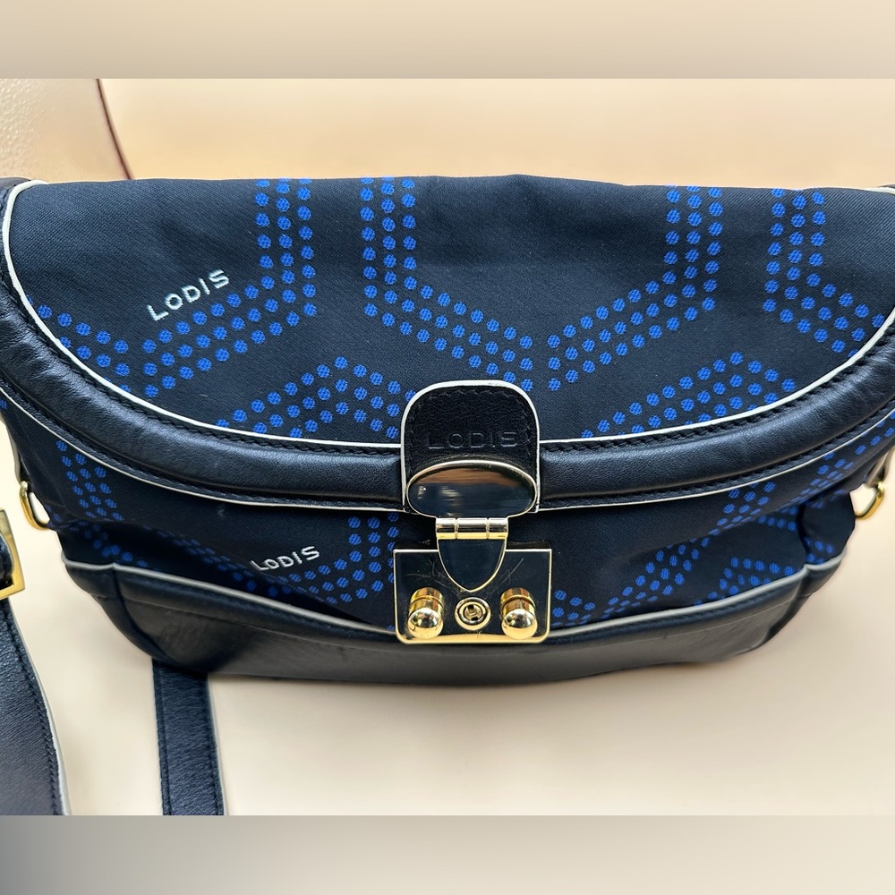 Lodis Navy & Blue Geo Print Crossbody Shoulder Bag Leather Trim Turnlock